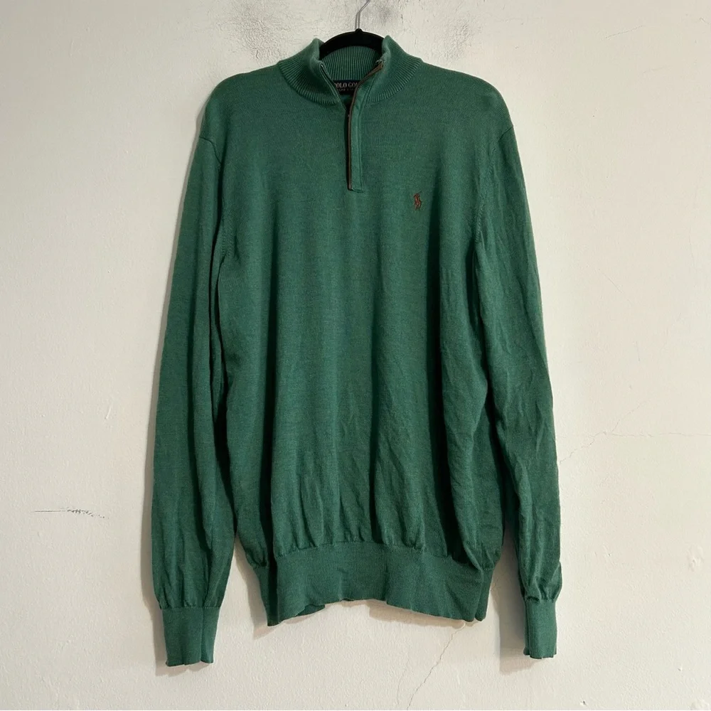 Polo Golf Merino Wool Green 1/4 Zip Sweater Pony Logo Size Large Preppy Casual